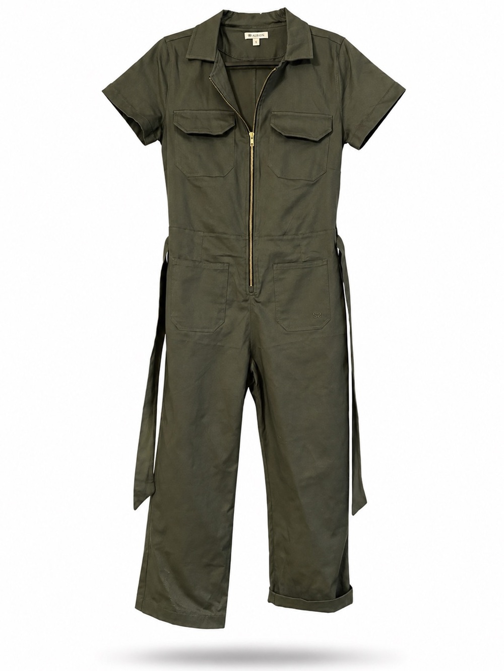 Short-Sleeve Olive Green Utility Jumpsuit with Front Zip
